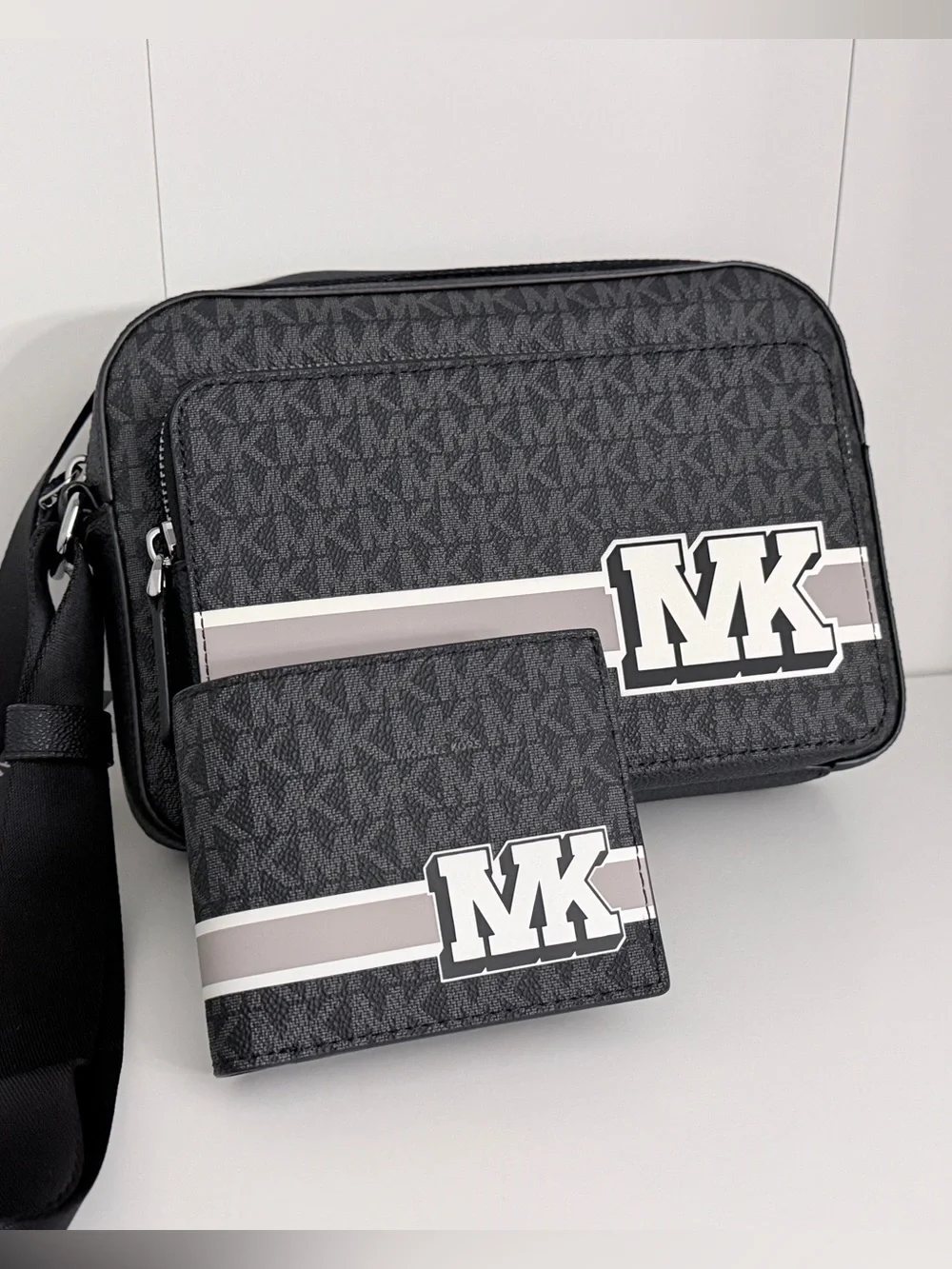 Michael Kors White and Black MK Logo Men’s Crossbody and Wallet Set